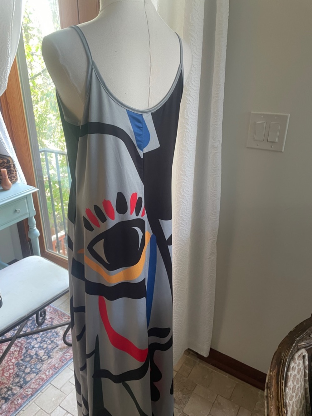 Abstract Print Maxi Slip Dress in Gray with Multicolor Accents Large Art Fashion - Picture 9 of 10